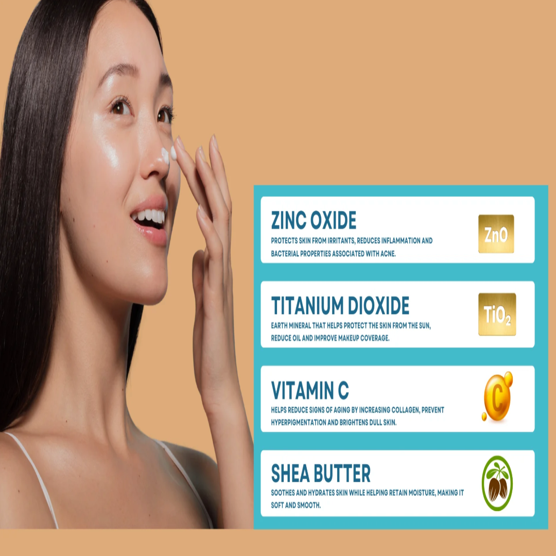 Zinc Oxide, Titanium Dioxide, Vitamin C, and Shea Butter
